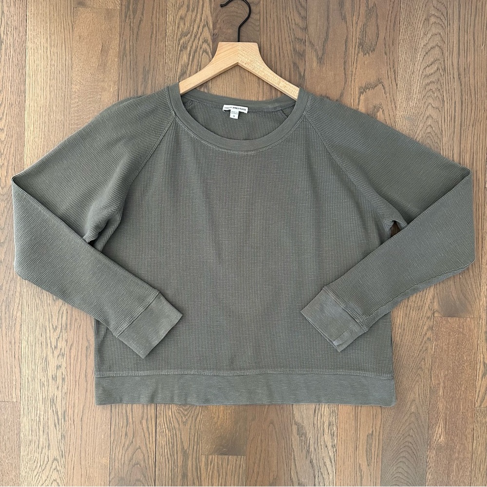 James Perse Waffle Texture Raglan Sleeve Cotton Top Olive Green Size 3 / Large